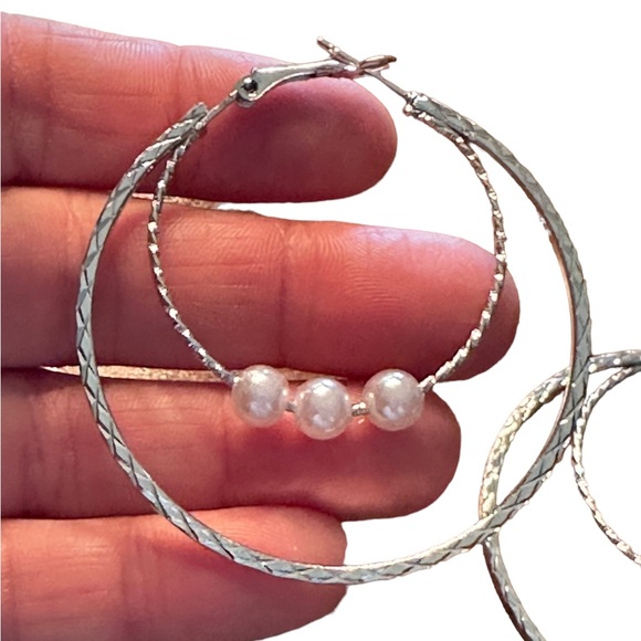 Silver Double Layered Hoop Earrings with Pearls - Picture 6 of 6